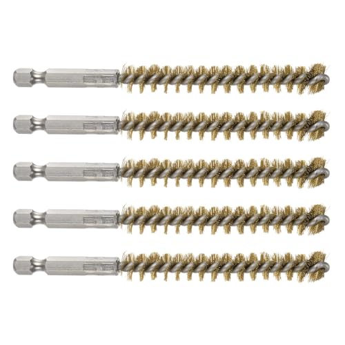 Image of TA-VIGOR 5Pcs Bore Brush Set 10mm Dia, Brass Wire Tube Cleaning Brush with 1/4 Inch Hex Shank, Wire Brush for Drill, Pipe Drill Hole Brush for Metal Pipe Cleaner, Ports and Rust Cleaning