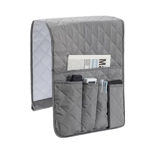 Huakaile Foldable Remote Control Holder Non-Slip Couch Sofa Chair Waterproof Armrest Organizer with 5 Pockets Armrest Organizer Couch Recliner Caddy Fits for Ipad, Phone, Magazines (Grey)