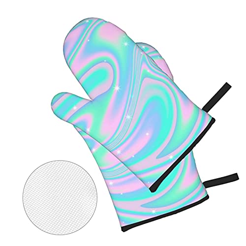 Holographic Abstract Background In Pastel Neon Funny Oven Mitts And Pot Holders， Kitchen Counter Safe Mats For Cooking Bbq Baking Grilling (4-Piece Set) #TOP2