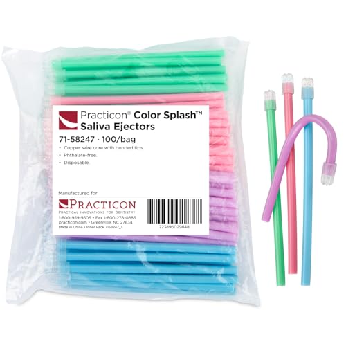 Practicon Color Splash Disposable Saliva Ejectors, 4 Assorted Bright Colors, Dental Evacuation Suction Tips, 100 Pack