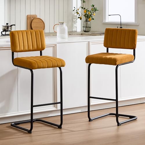 Image of ONEVOG 30 inch Seat Height Bar Stools Set of 4, Mid-Century Modern Cantilever Bar Chairs for Counter Kitchen Islands, Upholstered Velvet Fabric Barstools with Back and Matte Black Metal Legs, Brown