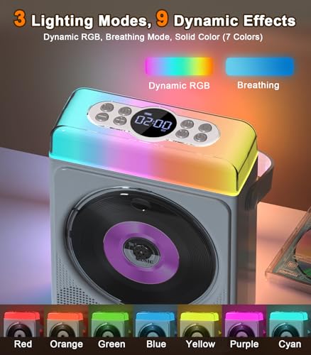 Image of Greadio Portable Bluetooth CD Player with RGB Lights & Speakers (White)
