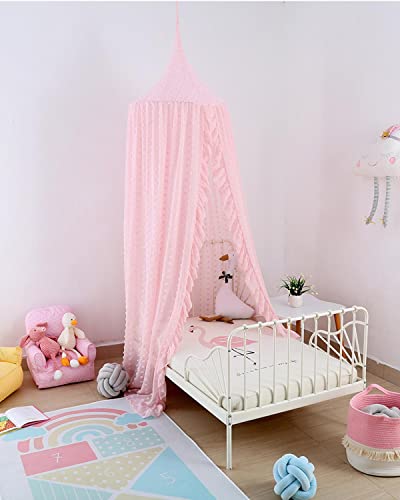 Image of OldPAPA Bed Canopy for Girls, Elegant Princess Canopy for Girls Kids Baby Bed, Fairy Crib Canopy Neeting Room Decor, Hanging Curtain Mosquito Net for Bedroom Reading Nook Castle Nursery Decor-Pink
