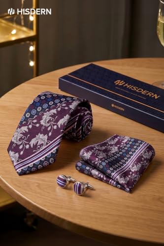 Image of HISDERN Ties for Men Paisley Tie and Pocket Square Cufflinks Set Formal Classic Floral Necktie Handkerchief Wedding Party