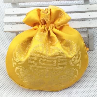 10pcs Custom Chinese Style Lucky Silk Brocade Jewelry Bag Gift Pouch Coin Pocket Sachet Drawstring Candy Packaging Wedding Party Favor (Yellow)