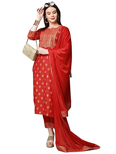 Image of GoSriKi Women's Cotton Blend Printed Straight Kurta with Pant & Dupatta