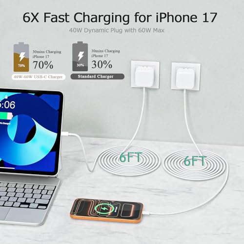 Image of 6FT Fast Charger for iPhone 17 /16,2Pack 40W Dynamic Foldable Type C Power Adapter with 60W Max with 6FT Fast Charging Woven Cable for iPhone 17 Pro Max /17 /Air /16 /16 Pro /15Pro Max,iPad Pro /Air /Mini