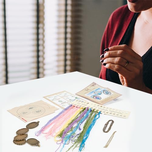 Image of FREEBLOSS 6 Set Embroidery Necklace Kit Embroidery Kit for Beginners Embroidery Pendant Flowers Brooch Mini Embroidery Kit with Instruction Embroidery Starter Kit for Adults Stamped Pattern Cloth