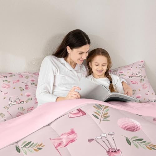 Image of Feelyou Pink Golf Comforter Set Twin Size Leaves Bedding Set for Kids Boys Girls Sports Golfing Theme Duvet Quilt Bedroom Decor Microfiber 2 Pcs with 1 Pillow Cases
