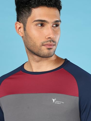 Image of TECHNOSPORT Men's Slim Fit Polyester Color Block Athleisure Crew Neck T-Shirt with Full Sleeve, Moisture Wicking and Quick Dry