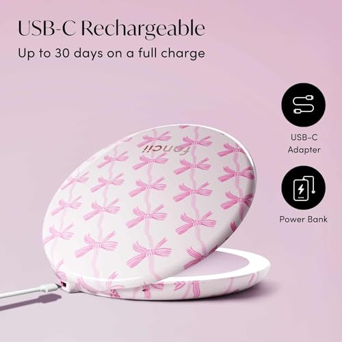 Image of Fancii Taylor LED Lighted Travel Makeup Mirror, Rechargeable, 10x /1x Magnifying, Tru-Glow Lighting System, XL Large 5 inch Wide | Compact Mirror for Purses (Rosette Ribbon)