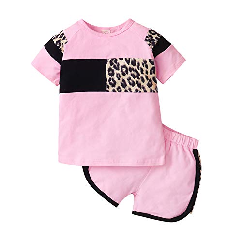 2Pcs Toddler Baby Girl Cotton Outfits Set Short Sleeve Leopard Patchwork T Shirt Color Block Shorts Clothes for 6M-4Y Pink