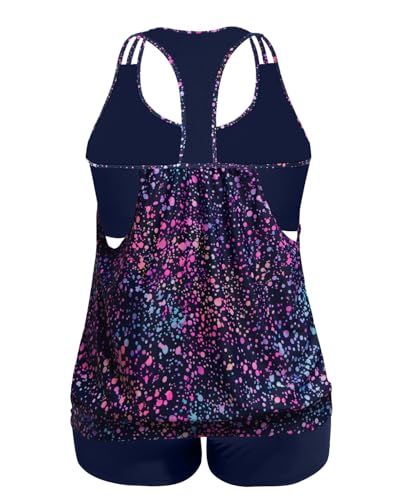 Image of Womens Plus Size Tankini Swimsuit Two Piece Tummy Control Bathing Suit | Blouson Racerback Tankini Top with Shorts, Double Up Design, Removable Pad
