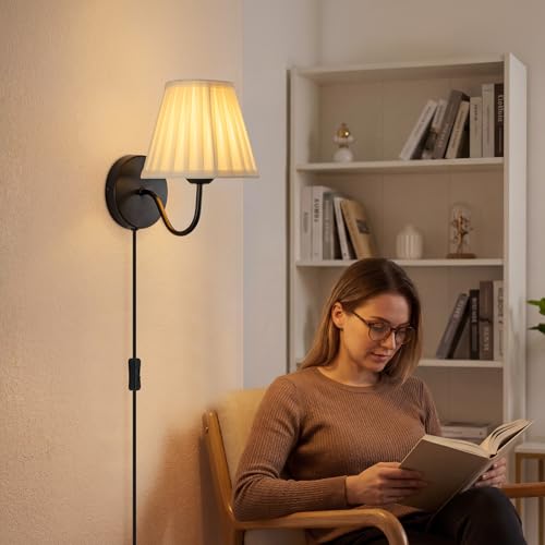 Image of Plug in Wall Sconces with White Fabric Shades, Black Wall Sconces Set of Two, Modern Wall Lighting Fixture with On /Off Switch, Indoor Corded Wall Lamp for Bedroom, Living Room, Hallway, Bedside