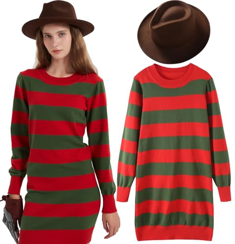eforpretty Halloween Costume for Women 2025 Knitted Sweater Dress with Brown Hat and Leather Glove Set,L