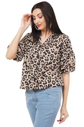 Image of Women Printed Oversized Lapel Collar Casual Crop Shirt
