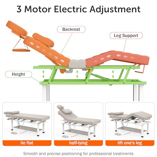 Image of Heated Electric Massage Table 3 Motor, Heavy Duty Adjustable Spa Bed with Backrest & Leg Rest, 1000 lbs Capacity, Storage Shelf, Remote & Foot Pedal for Facial, Salon, Tattoo & Medical - Beige Gray