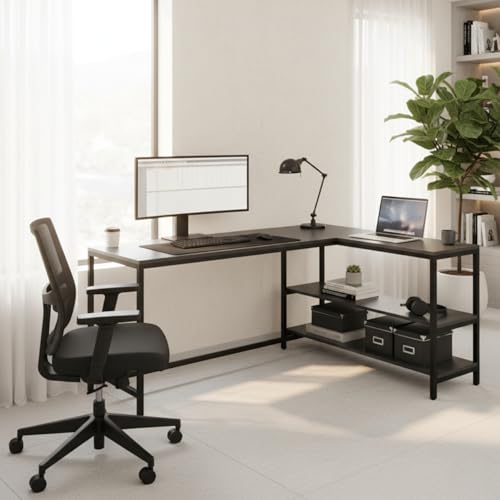 Image of Amazon Brand - Solimo L-Shaped Study Table for Students & Adults | Corner Computer Desk for Home & Office | Gaming Table | Wood & Metal | Classic Full Black | DIY Installation