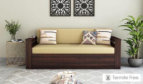 Image of Krishna Wood Decor Solid Sheesham Wood Convertible 3 Seater Sofa Cum Bed with Headboard and Storge Armrest, Folding Double Bed with Mattress for Home Living Guest and Office Areas, Brown