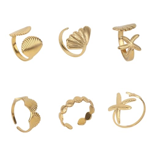 Mikovivi 6pcs Bagues en Or Coquillages Étoiles de Mer, Bijoux de Plage Délicats et Réglables en Acier Inoxydable Élégants Bijoux D'été pour Femmes