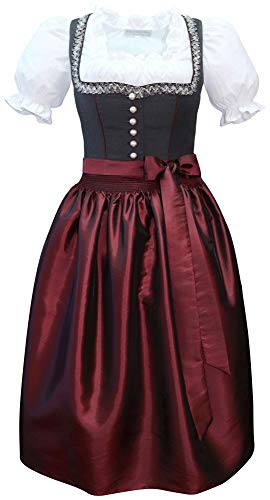 Dirndl Trachten-Kleid Trachtenkleid Balkonett Borte Dirndlkleid feiner Freskostoff für Sommer/Winter grau dunkelgrau anthrazit +TAFT-Schürze Bordeaux dunkelrot Made in Austria, Größe:50 Cover