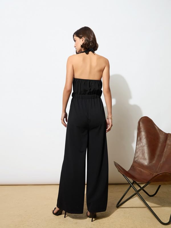 Image of barcino Black Knitted Halter Neck Cut-Out Jumpsuit