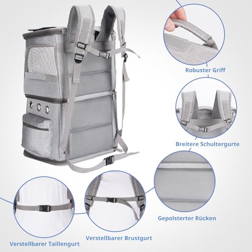 FASNATI Katzentransportbox für 2 Katzen, Katzenrucksack Große Katzen bis 12kg, perfekt für Reisen/Wandern/Camping, Grau, XL