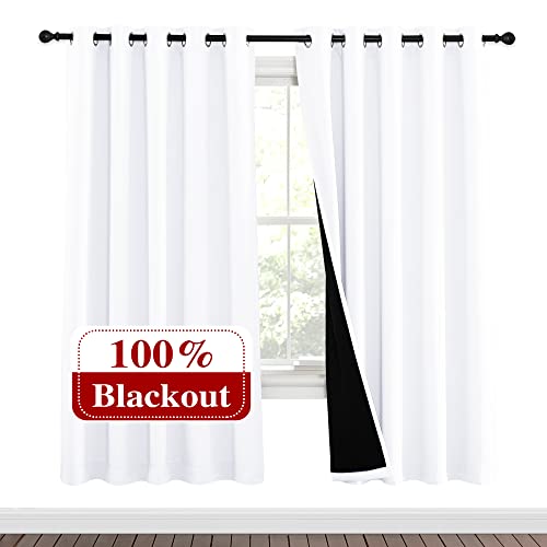Image of NICETOWN 100% Blackout Window Curtain Panels, Full Light Blocking Drapes with Black Liner for Nursery, 72-inch Drop Thermal Insulated Draperies (White, 2 Pieces, 62-inch Wide Per Panel)