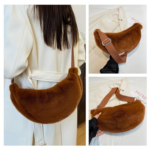 Fluffy Crescent Sling Crossbody Bag for Women Winter Fuzzy Furry Shoulder Handbag with Adjustable Strap 20254