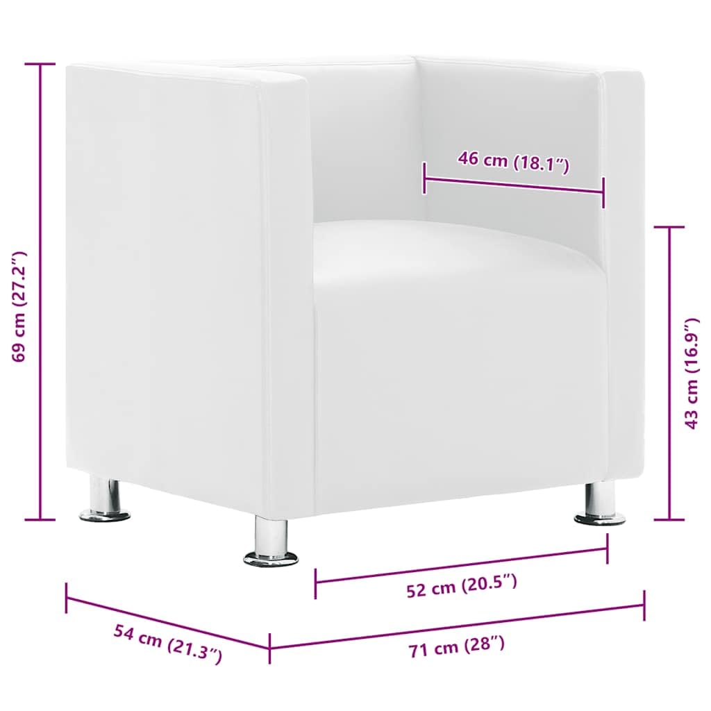 Sillón de cubo blanco de piel sintética, 71 x 54 x 69 cm, altura del asiento 43 cm, patas de metal, diseño moderno, resistente y duradero, para salón, dormitorio, oficina
