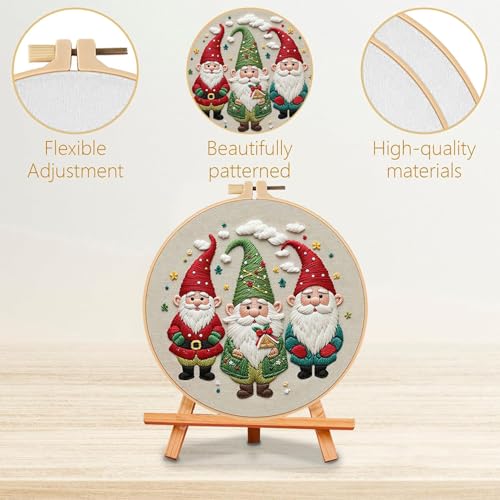 Image of LB Cute Christmas Embroidery Kit for Beginners Adults, 3 Sets Hand Embroidery Starter Kit with Gnome Pattern and Instructions Stamped Cross Stitch Kits Include Embroidery Hoop Needles Threads Scissors