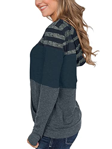Berryou Color Block Casual Hoodies For Women Long Sleeve Drawstring Sweatshirt With Pocket Tunic Tops Navy Blue Stripe 2Xl #TOP1