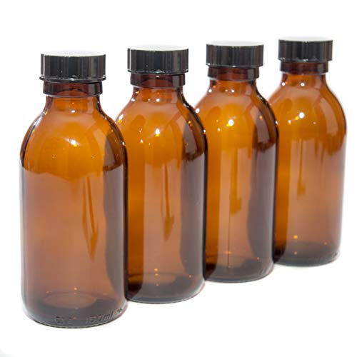Aura 150ml AMBER GLASS Bottles with BLACK Lids - PACK of 4