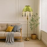 VIHOSE Victorian Scallop Lamp Shade Vintage Large 7.5' Top x 15.8' Bottom x 15 'High Replacement Lamp Shade with Tassels and Fringe Finial Fitting Bell Shape Scallop Fringe(Olive Green)