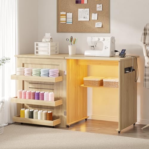 Lvifur Sewing Table - with Storage Lighted Sewing Storage with Charging Station-2 AC Outlets & USB Ports Folding Sewings Table with Human Sensor Craft Tables with 3 Storage Trays 6 Wheels Natural