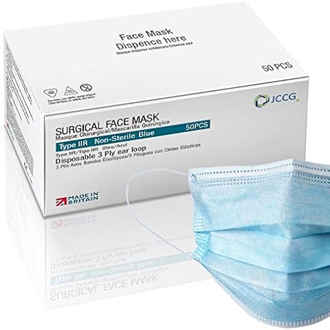 JCCG UK Medizinische Maske Typ IIR, OP Maske, flüssigkeitsresistent, 98% filtration, bequem, hohe Atmungsaktivität, weiche Ohrschlaufe, EN 14683, Einmalgebrauch, Box mit 50 Stück Cover