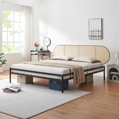 [en.casa] Bett Linköping 180 x 200 cm Bettgestell und Lattenrost Metallbett mit ovalem Kopfteil Doppelbett max. 300 kg Schwarz mit Rattanoptik