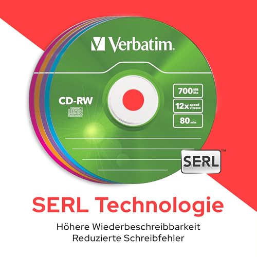 Verbatim CD-RW, 700 MB/80 Minuten - 12-fache Brenngeschwindigkeit, hochwertiger CD-Rohling - Jewel Case 5er-Pack