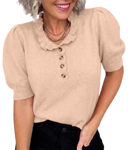 MONORA Short Sleeve Sweater for Women Trendy Pullover Knit Tops 2026 Ruffle Crewneck Puff Sleeve Spring Summer Fashion Lightweight Business Casual Outfits Biege