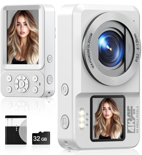 CAMWORLD Cámara Digital 4K de 64 MP con nfoque Automático, Cámara de Fotos con Tarjeta SD de 32 GB, Pantalla Dual Frontal y Trasera, Zoom Digital de 2,8' y 18x, Adecuada para Principiantes Blanco