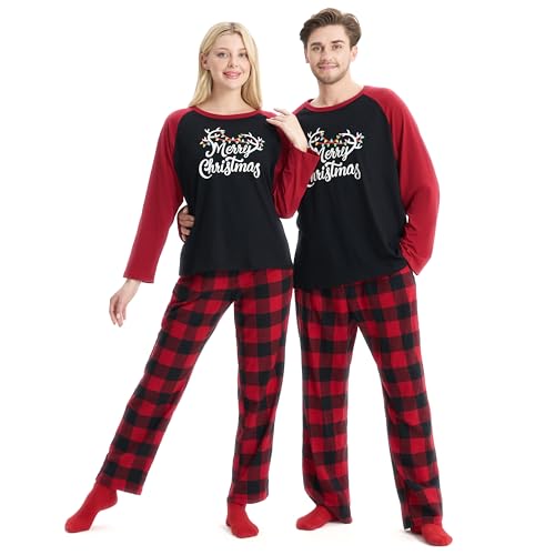 Giggling Getup Red Black Plaid Adult Mens Christmas Pajamas Set With Top and Pants for Holiday Party - XL