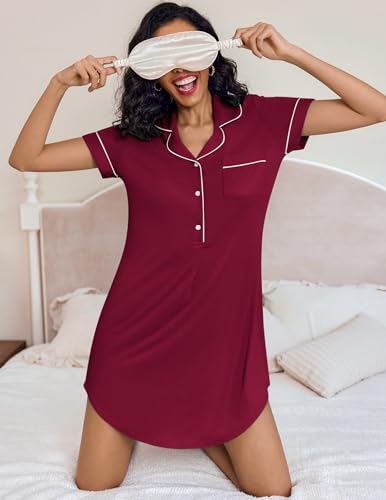 Image of Ekouaer Women's Nightgown Button Down Nightshirt V Neck Sleepshirt Short Sleeve Sleepwear Soft Pajama Dress