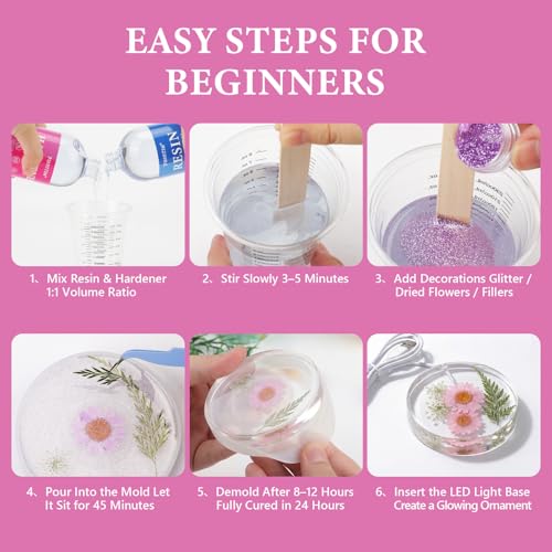 Image of Epoxy Resin Kit with Light for Beginners, 34OZ Epoxy Kit with Dried Flowers, Measuring Cups and Resins Supplies, Resin Kit and Molds Complete Set DIY Crafts for Adults, Epoxy Set with Vase Mold