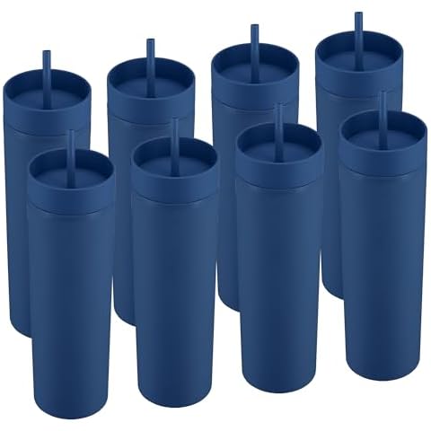 MEWAY 24oz Plastic Skinny Tumblers Bulk 8 Pack,Double Wall Acrylic Tumbler with Lid and Straw,Matte Reusable Plastic Cups for Party,Birthdays,Customization DIY Gifts(Navy,Set of 8) Cover