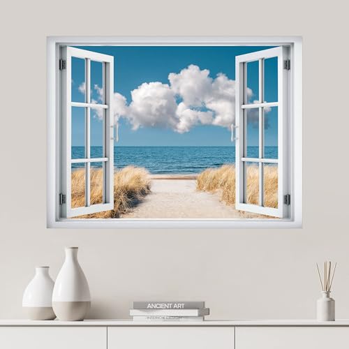 SIGNWIN Removable Wall Sticker/Wall Mural Window View Clouds Beachgrass Ocean Shore Nature Wilderness Photography Decorative Landscape Digital Art for Living Room, Bedroom, Office - 24"x32"