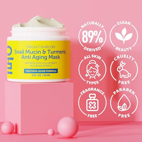 SeoulCeuticals Korean Face Mask – 60ml Snail Mucin & Turmeric Korean Glass Skin Mask with Rice Bran & Saffron for Skincare | Vegan, Cruelty-Free Anti Aging Cream Mask for Hydrated, Smooth Skin