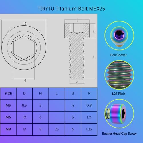 Image of M8x25 Titanium Bolts, Colorful, 6PC | Lightweight Hex Socket Screws, MTB /Road Bike /Motorcycle, Corrosion Resistant, Marine Grade Fasteners