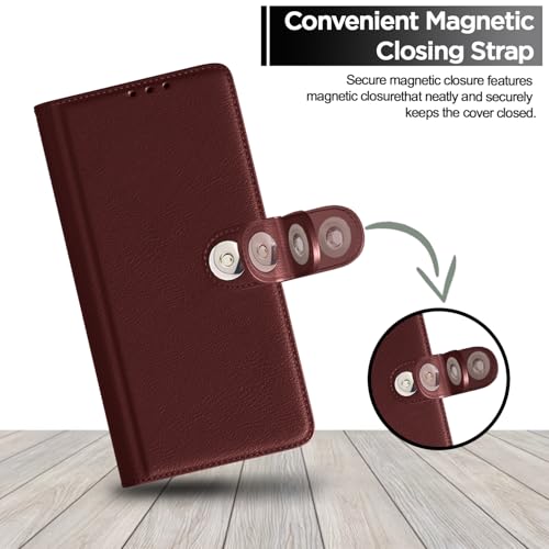 Image of Pikkme Flip Cover Leather Finish | Inside TPU with Card Pockets | Wallet Stand and Shock Proof | Complete Protection Button Flip Case for Moto G35 5G(Brown)