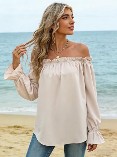 Halife Off The Shoulder Blouse Casual Long Sleeve Beige Loose Slouchy Baggy Tunic Shirts Womens Cute Summer Fall Outfits Apricot XL — view 2
