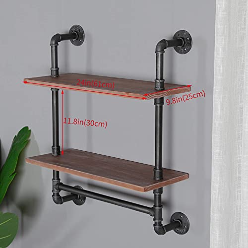 Sss Furniture Industrial Pipe Shelving Bathroom Floating Shelves Wall Mounted, 2 Tier 24 Inch Rustic Wood Shelf With Towel Bar, Farmhouse Towel Rack Bathroom Shelf Over Toilet #TOP2